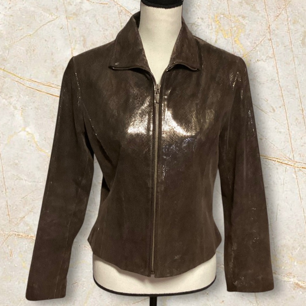 Yvonne Marie Women's Leather Brown Sequin Zip Up Jacket Blazer Size 4